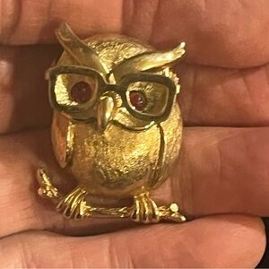 VTG Sarah Coventry Gold Tone Owl Brooch W/ Red Rhinestone Eyes, Movable Glasses
